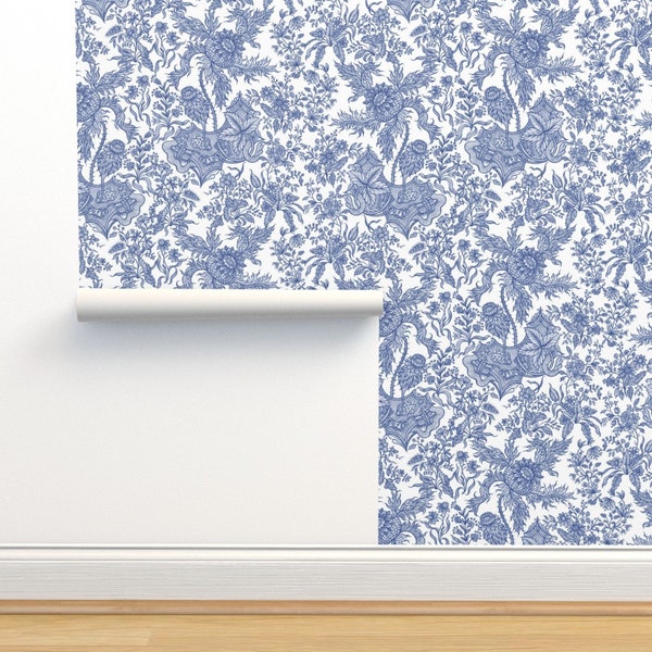Chintz Floral Vlies Tapete Blau Weiß Vintage Traditionell - Dutch Ware by peacoquettedesigns Wallpaper Doppelrolle von Spoonflower