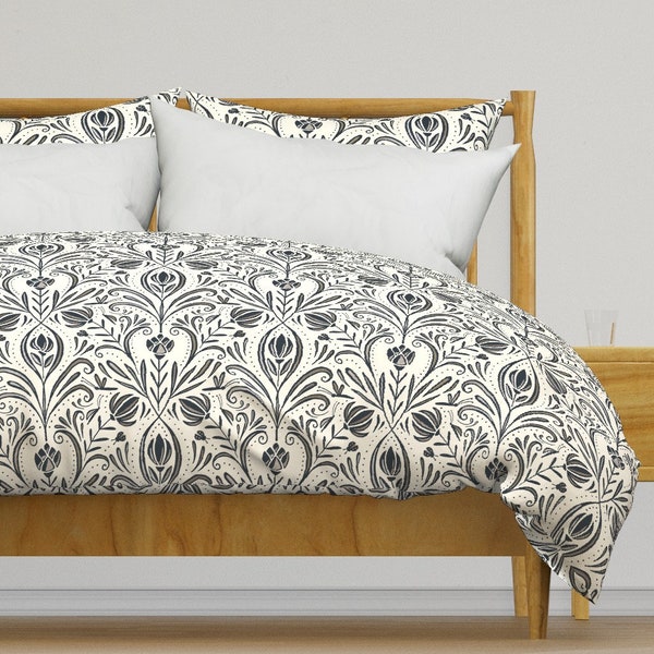 Modern Damask Bedding - Rochelle by amy_maccready - Black Ivory Botanical Garden Cotton Sateen Duvet Cover OR Pillow Shams by Spoonflower