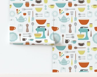 Vintage Kitchen Non-Pasted Wallpaper Cooking Appliance Housewares Retro - My Vintage Kitchen by calobeedoodles Wallpaper by Spoonflower
