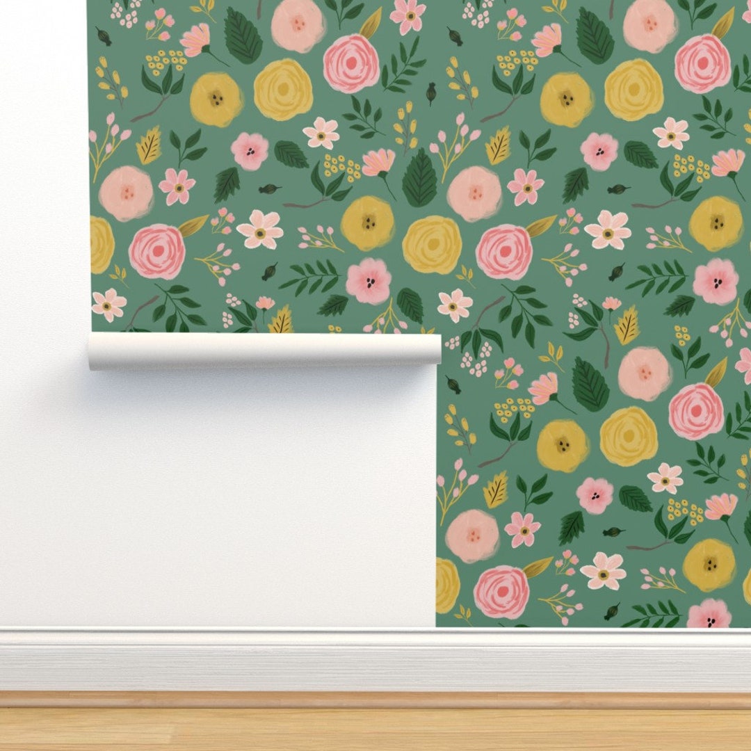 Pink Non-pasted Wallpaper Green Yellow Flowers Floral Nursery - Adley ...