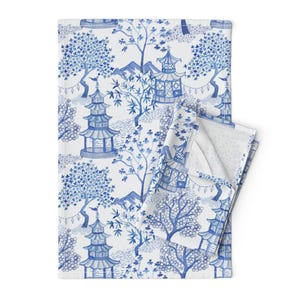 Chinoiserie Tea Towels (Set of 2) - Pagoda Forest Blues by danika_herrick - Blue White Toile Linen Cotton Tea Towels by Spoonflower