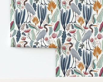 Heron Botanical Non-Pasted Wallpaper Large Scale Cranes - Heron And Plants by nina_leth Wallpaper Double Roll by Spoonflower