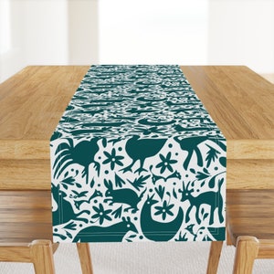 Otomi Print Table Runner - Mexican Folk Art Teal White Animals Mexico  Cotton Sateen Table Runner - Mexico Springtime Teal White  by sammyk