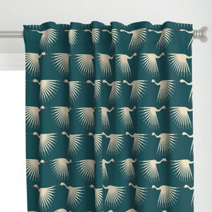 Birds Curtain Panel - Art Deco Cranes by katerhees - Teal Art Deco Crane Fly Long Neck Wings Sunburst Custom Curtain Panel by Spoonflower