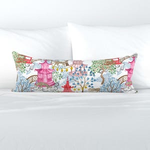 Bright Chinoiserie XL Lumbar Pillow - Pagoda Forest Blue by danika_herrick - Colorful Leopards Whimsical Extra Large Rectangle Lumbar Pillow