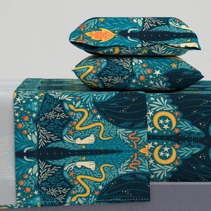 Folk Dragons Sheets - Enchanted Forest Friends by writtenbykristen - Fairy Tale Botanical Cotton Sateen Sheet Set Bedding by Spoonflower