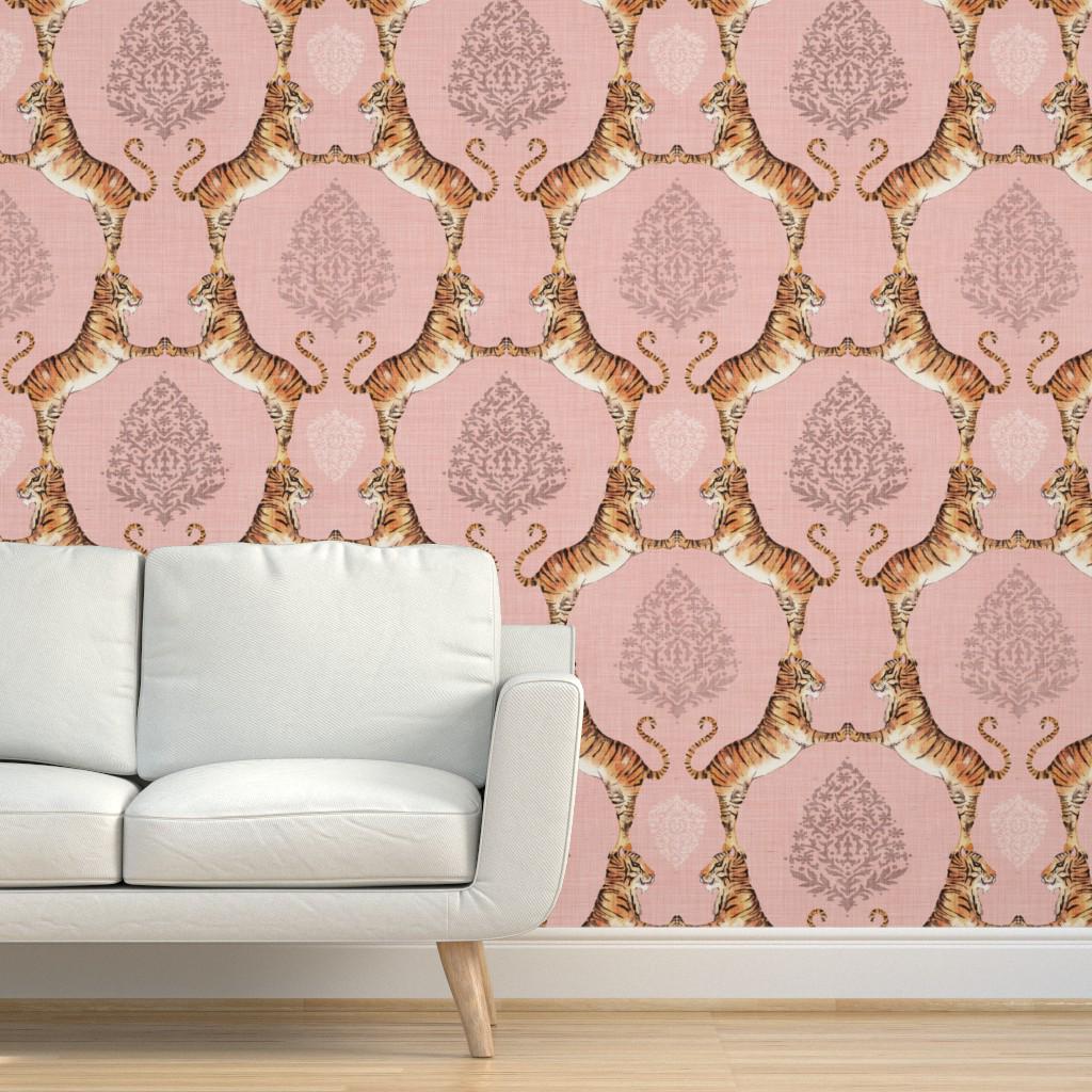 Pink Textured Grasscloth Wallpaper - Big Cat by nouveau_bohemian -  Paisley Tiger Bohemian India Natural Sisal Wallpaper Spoonflower
