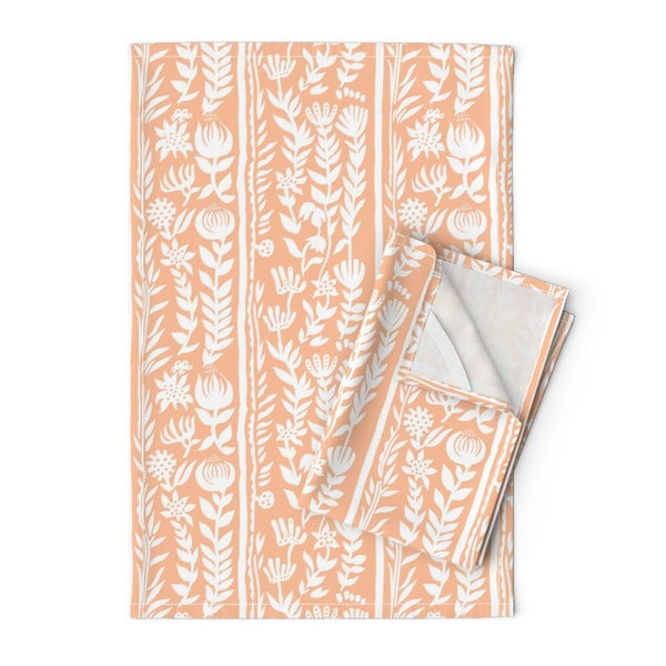 Peach Boho Tea Towels (Set of 2) - Folk Bright by holli_zollinger - Flower Stripe Floral Nature Linen Cotton Tea Towels by Spoonflower