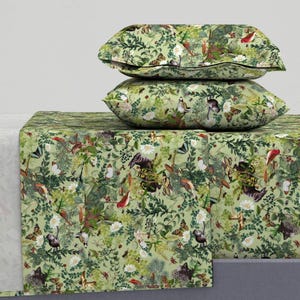 Woodland Sheets - Woodland Wonderland by makehastedesigns - Green Nature Birds Forest Animals Cotton Sateen Sheet Set Bedding by Spoonflower