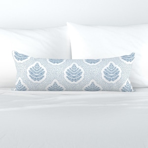 French Blue XL Lumbar Pillow - Fronds And Dots by kathy_gruenhut_designs - Traditional  Extra Large Rectangle Lumbar Pillow by Spoonflower