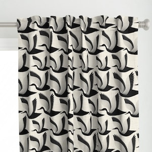May include: Black and white patterned curtain featuring a repeating design of stylized birds in flight. The birds are outlined in black and have a layered, textured look.
