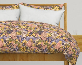 Groovy Floral Bedding - Mushroom Bloom by dacha_dreamland - Pastel Earth Tones 70s Cotton Sateen Duvet Cover OR Pillow Shams by Spoonflower