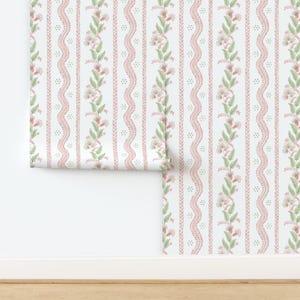Pink Preppy Non-Pasted Wallpaper - Alexis With Spring Green by danika_herrick - Floral Stripe Feminine Wallpaper Double Roll by Spoonflower