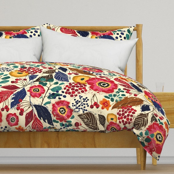 Folk Art Floral Bedding - Botanical Wood Cut by sarah_treu - Large Scale Botanical Cotton Sateen Duvet Cover OR Pillow Shams by Spoonflower