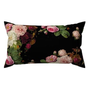 Vintage Roses Accent Pillow - Dark Roses On Black by etienne - Black Floral Victorian Inspired Rectangle Lumbar Throw Pillow by Spoonflower