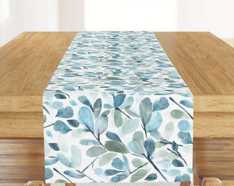 Watercolor Table Runner - Blue Watercolor Leaves by sara_swanson_design - Botanical Blue Green Cotton Sateen Table Runner by Spoonflower