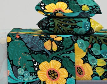 Mod Peacock Sheets - Bright Bohemian Large by cynthiafrenette - Colorful Nature Floral Modern Cotton Sateen Sheet Set Bedding by Spoonflower