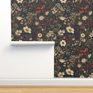 Moody Floral Non-Pasted Wallpaper - Dark Moody Floral by allymadethis - Autumn Fall Vintage Botanical Wallpaper Double Roll by Spoonflower