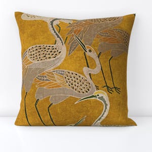 Maximalism Throw Pillow - Art Deco  Birds Boho Hollywood Regency Decorative Square Throw Pillow - Golden Hour Cranes by shellyreneedesigns
