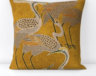 Maximalism Throw Pillow - Art Deco  Birds Boho Hollywood Regency Decorative Square Throw Pillow - Golden Hour Cranes by shellyreneedesigns