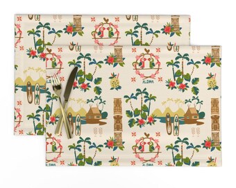 Aloha Placemats Set of 2 - Mid Century Modern Hawaiian Village Tiki Beach Retro Cloth Placemats - Mid Century Tiki Resort by morecandy_shop