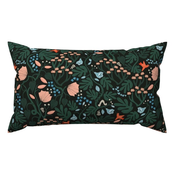 Garden Florals Accent Pillow - Hummingbird Night Garden by mint_tulips - Green And Coral Rectangle Lumbar Throw Pillow by Spoonflower
