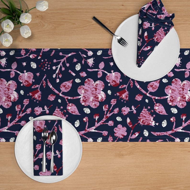 Batik Navy Orchid Lavender Cotton Sateen Table Runner by Spoonflower Orchid And Navy Floral by lucybaribeau Floral Table Runner