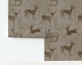 Vintage Deer Non-Pasted Wallpaper - Animals With Horns by fischkandi - Antelope Neutral Earth Tone Wallpaper Double Roll by Spoonflower