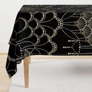 Black Art Deco Tablecloth - Deco Lace  by hannahshields - 1920s Gatsby Inspired Scallop Shell  Cotton Sateen Tablecloth by Spoonflower
