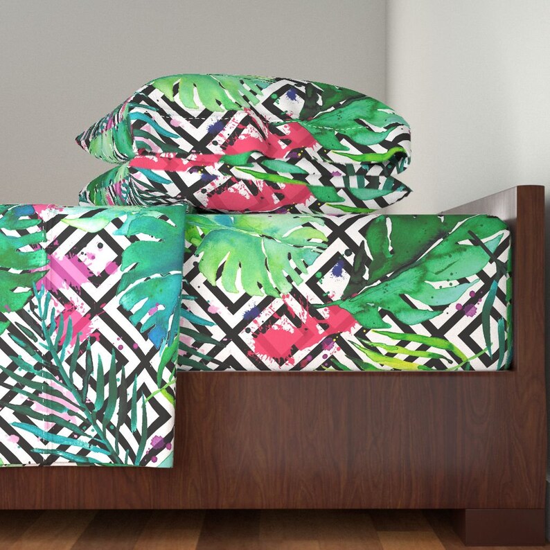 Green Plants Geometric by karismithdesigns Tropical Cotton Sateen Sheet Set Bedding by Spoonflower Watercolor Leaves Sheets