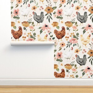 Farmhouse Commercial Grade Wallpaper - Watercolor Chicken Floral by cateandrainn - Painted Hens  Wallpaper Double Roll by Spoonflower