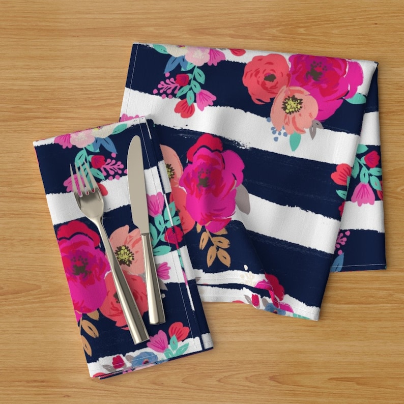 Pink Floral Dinner Napkins - Sweet Pea Floral Stripe by crystal/_walen Stripes Bohemian Watercolor Cloth Napkins by Spoonflower Set of 2