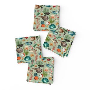 Vintage Fish Cocktail Napkins (Set of 4) - Oceania Fish by delinda_graphic_studio - Nautical Green Small Scale Cloth Napkins by Spoonflower