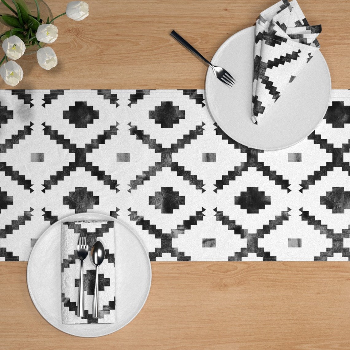 Geometric Tribal Table Runner Diamond Black and White by Etsy