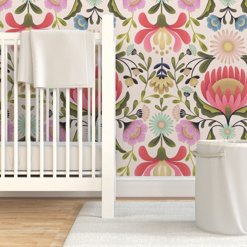 Folk Art Floral Wallpaper Maximalist Folk Flowers by Etsy