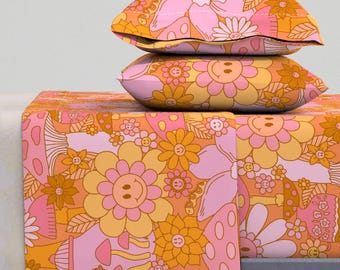 Groovy Sheets - Retro Wonderland Large by latheandquill - Retro Floral Mushroom Daisy Teapot Cotton Sateen Sheet Set Bedding by Spoonflower
