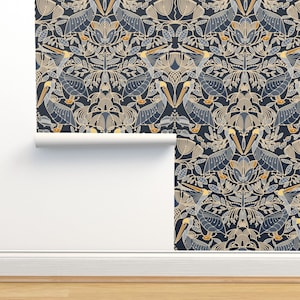 Carta da parati non incollata Brown Pelican - Pellicani e mangrovie di boszorka - Carta da parati Nautical Coastal Wildlife Double Roll di Spoonflower