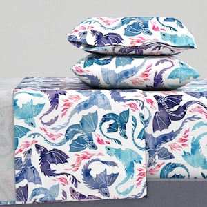 Watercolor Dragons Sheets - Dragon Fire by adenaj - Turquoise And Purple Fantasy Fairy Tale Cotton Sateen Sheet Set Bedding by Spoonflower