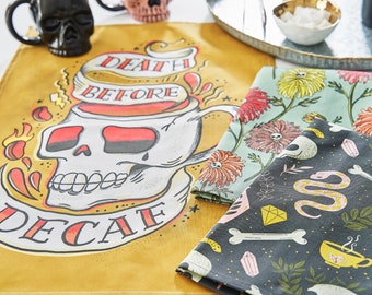 Coffee Tea Towel - Death Before Decaf  by cynthiafrenette - Skull Tattoo Coffee Beans Lettering Linen Cotton Canvas Tea Towel by Spoonflower