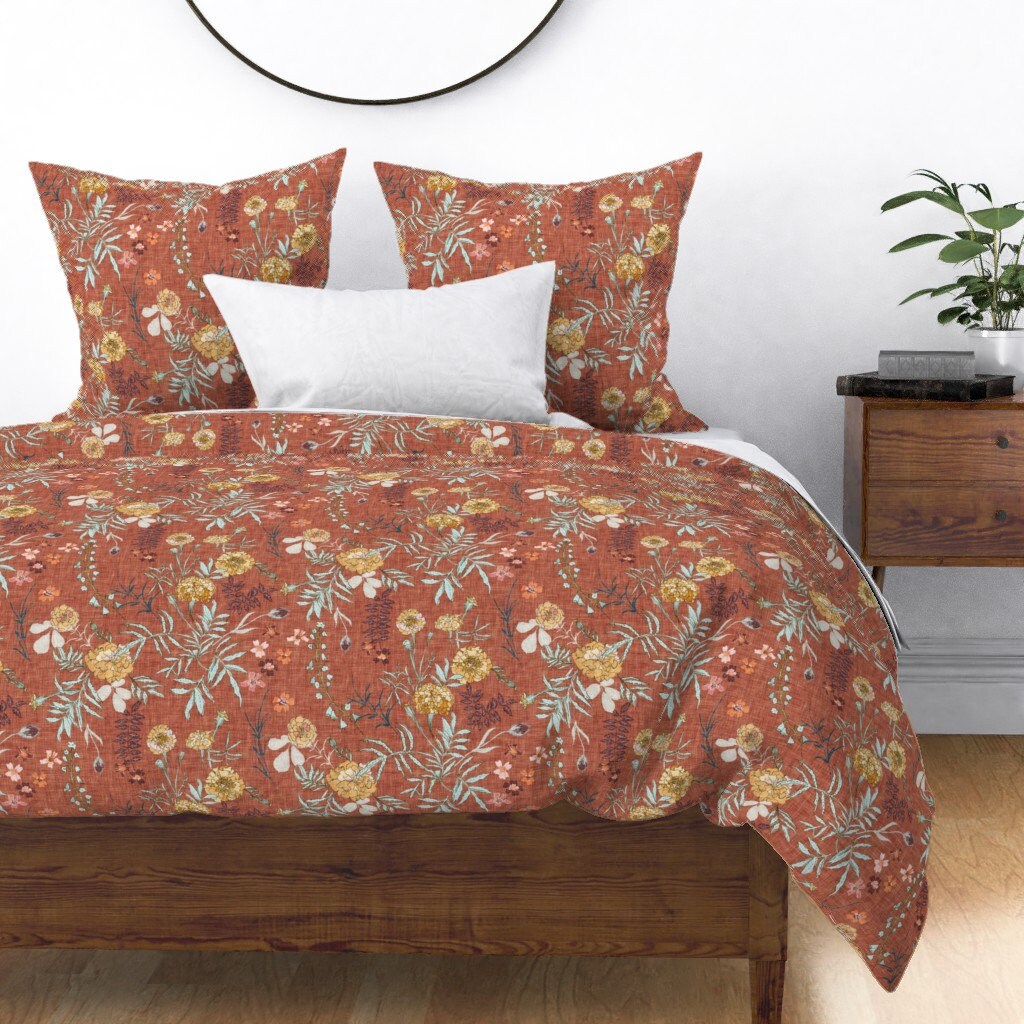Terra Cotta Floral Duvet Cover Marigold Love Rust by Etsy