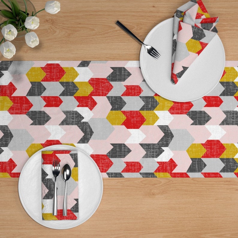Houses Table Runner City Village Geometric Chevron Pink Cotton Sateen Table Runner by Spoonflower Bauhaus Haus by mrshervi