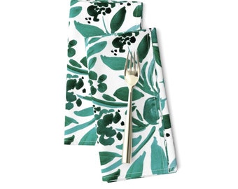 Serviettes de table vertes (Lot de 2) - Jade floral par crystal_walen - Serviettes en tissu botanique floral Jade aquarelle émeraude par Spoonflower