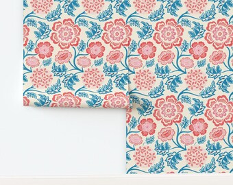 Retro Non-Pasted Wallpaper Bold Floral Garden Whimsical Watercolor Botanical - Blooming Garden by house_of_haricot Wallpaper by Spoonflower
