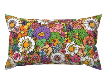 Psychedelic Floral Accent Pillow - Flower Happiness by bycornelia - Bright Retro 1960s Hippie Rectangle Lumbar Throw Pillow by Spoonflower