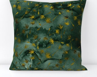 Japanese Botanical Throw Pillow - Watercolor  Asian Inspired Deep Green Faux Gold Decorative Square Throw Pillow - Jade by floramoon