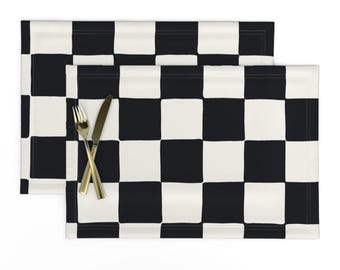 Retro Placemats Set of 2 - Checkerboard Check Square Black Checker White Cloth Placemats - Jumbo Checkerboard Black White by erin__kendal