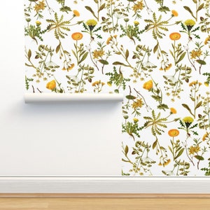 Dandelions Non-Pasted Wallpaper - Yellow Botanical Wildflowers by utart - Vintage Farmhouse Summer  Wallpaper Double Roll by Spoonflower