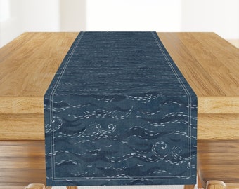 Indigo Blue Table Runner - Sashiko Sea by forest&sea - Xl Scale Japanese Style Faded Dark Blue Cotton Sateen Table Runner by Spoonflower