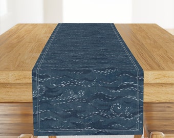 Indigo Blue Table Runner - Xl Scale Japanese Style Faded Dark Blue Ocean Surf Cotton Sateen Table Runner - Sashiko Sea by forestandsea