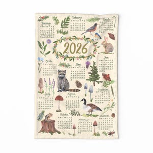 2026 Calendar Tea Towel - 2026 Calendar by dasbrooklyn - Woodland Animals Raccoon Pine Forest Linen Cotton Canvas Tea Towel by Spoonflower